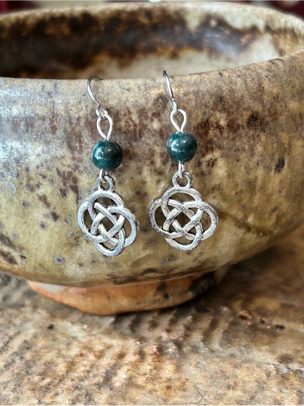 Silver Celtic Knot Drop Earrings with Dark Green Jasper Beads